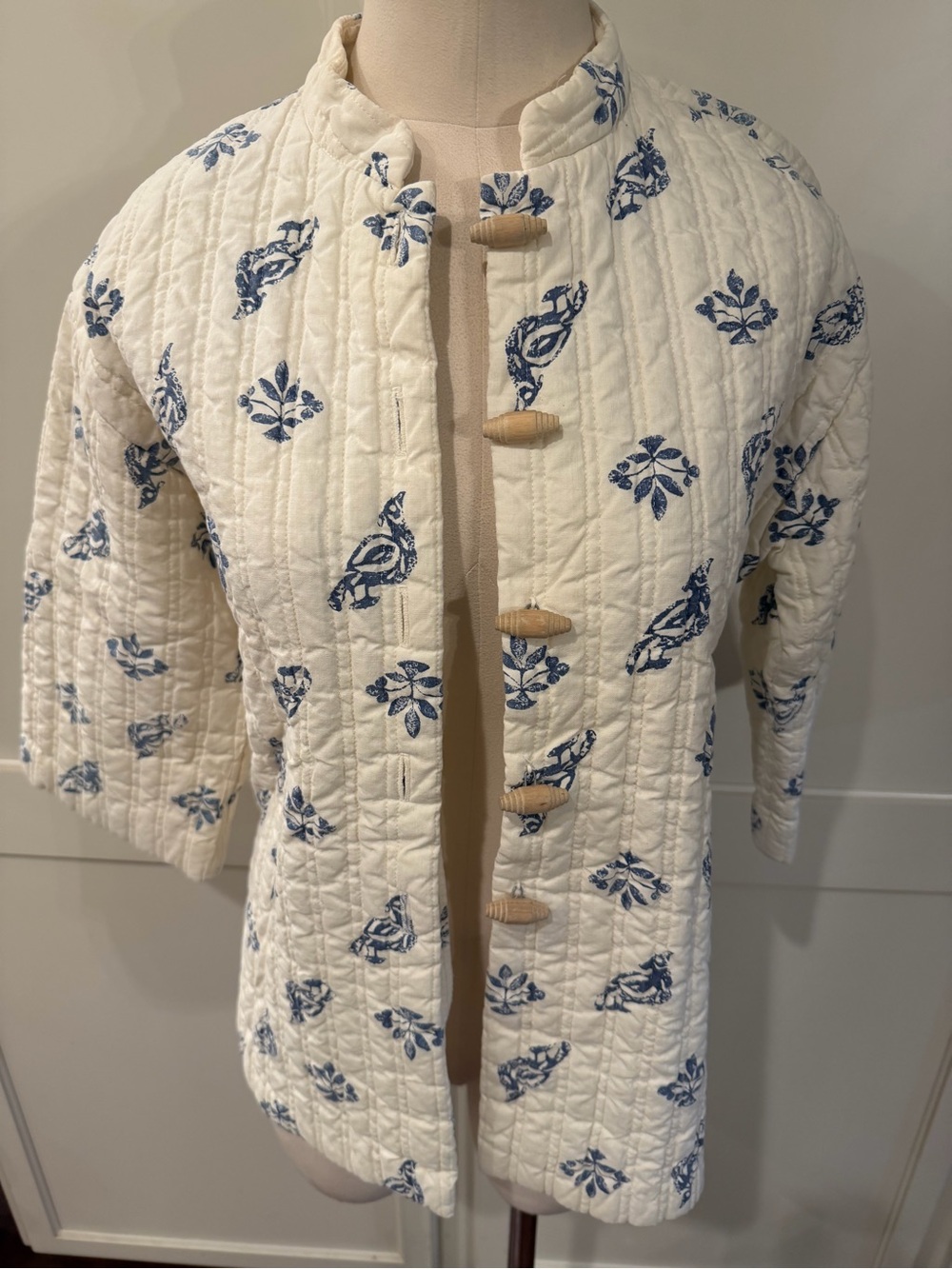 Vintage Quilted Cream Jacket with Blue Print